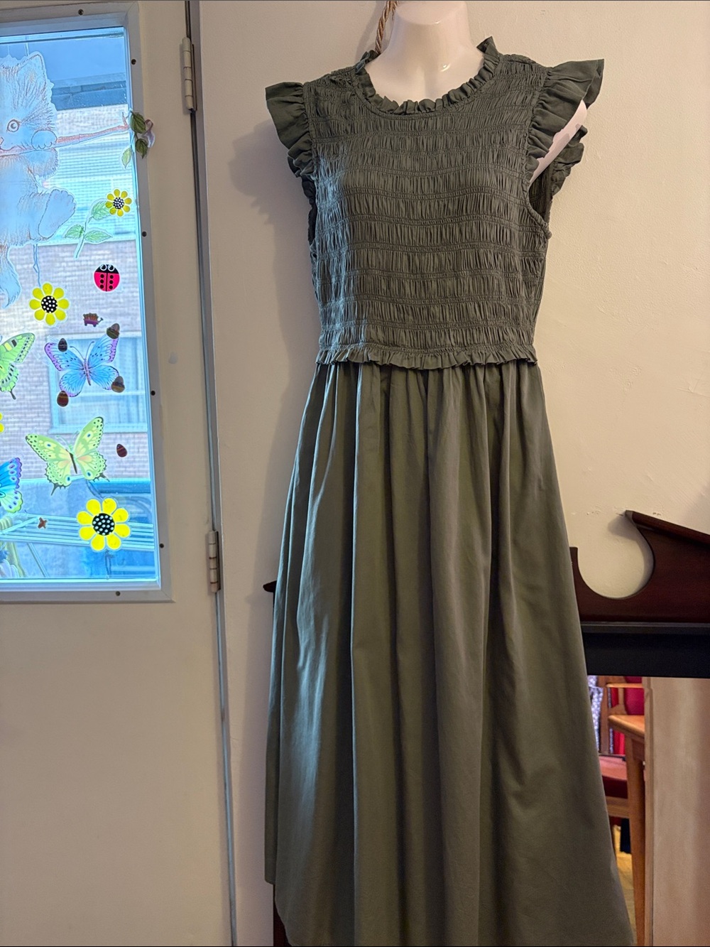 GAP Olive Maxi Dress with Smocked Bodice and Ruffle Cap Sleeves